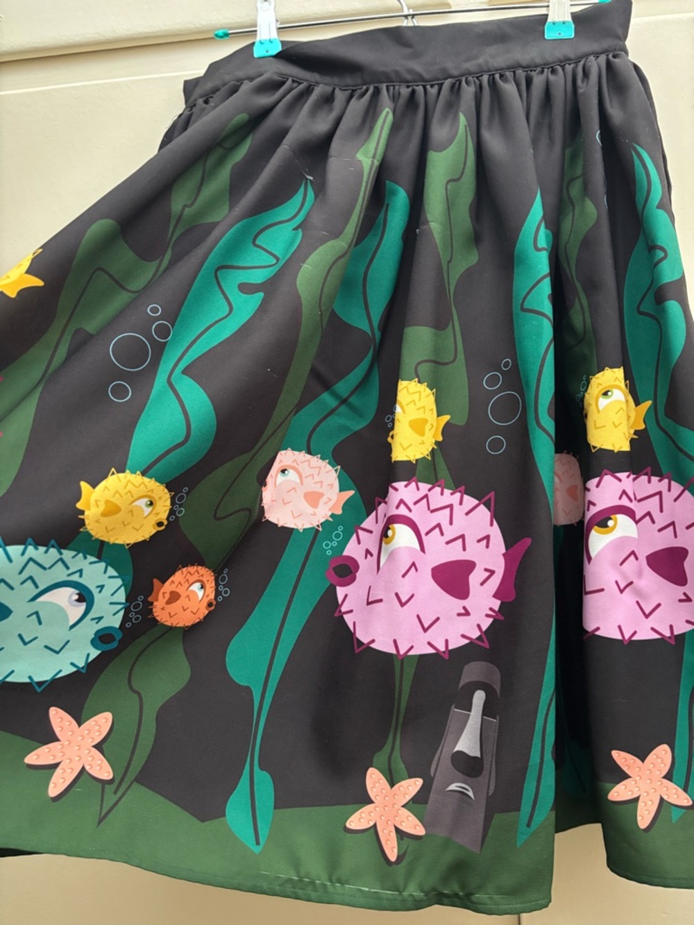 The Oblong Box Shop: Whimsical Puffer Fish Print Skirt in Black & Green - Picture 5 of 10